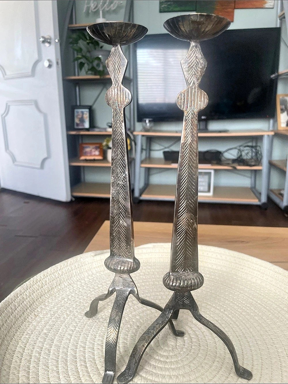 Ornate Metal Candlestick Holders Pair in Gray